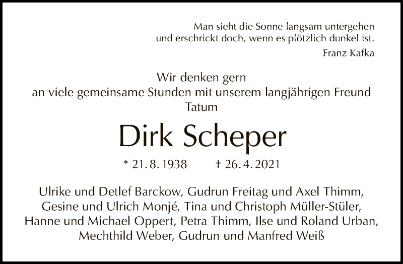  Traueranzeige für Dirk Scheper vom 02.05.2021 aus Tagesspiegel