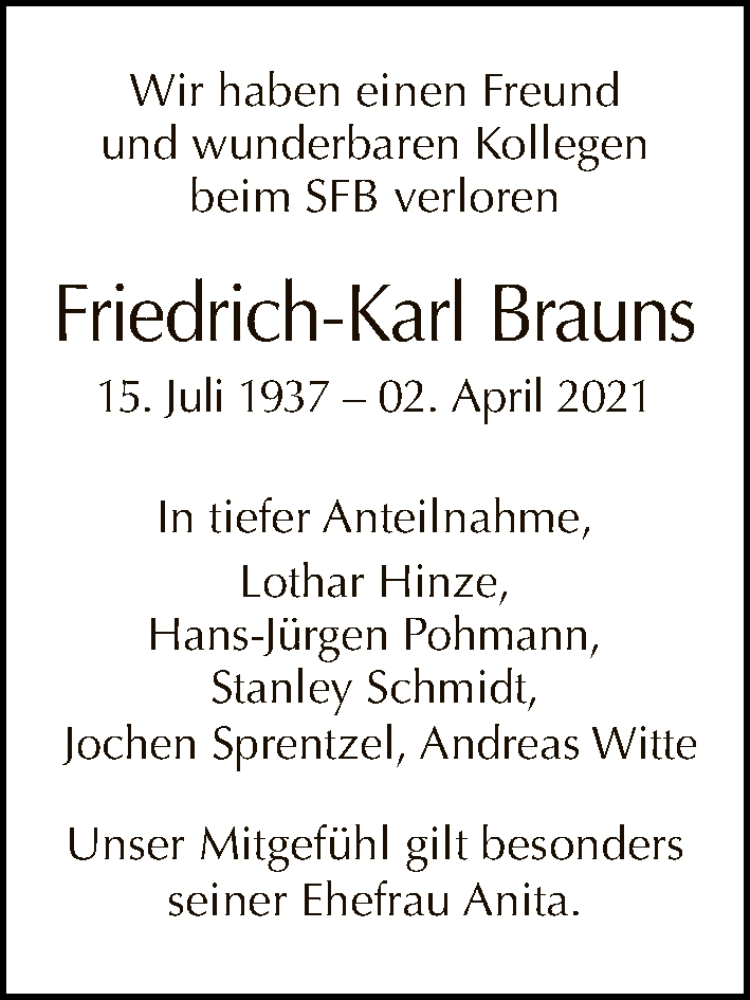  Traueranzeige für Friedrich-Karl Brauns vom 02.05.2021 aus Tagesspiegel