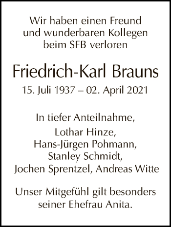 Traueranzeige von Friedrich-Karl Brauns von Tagesspiegel