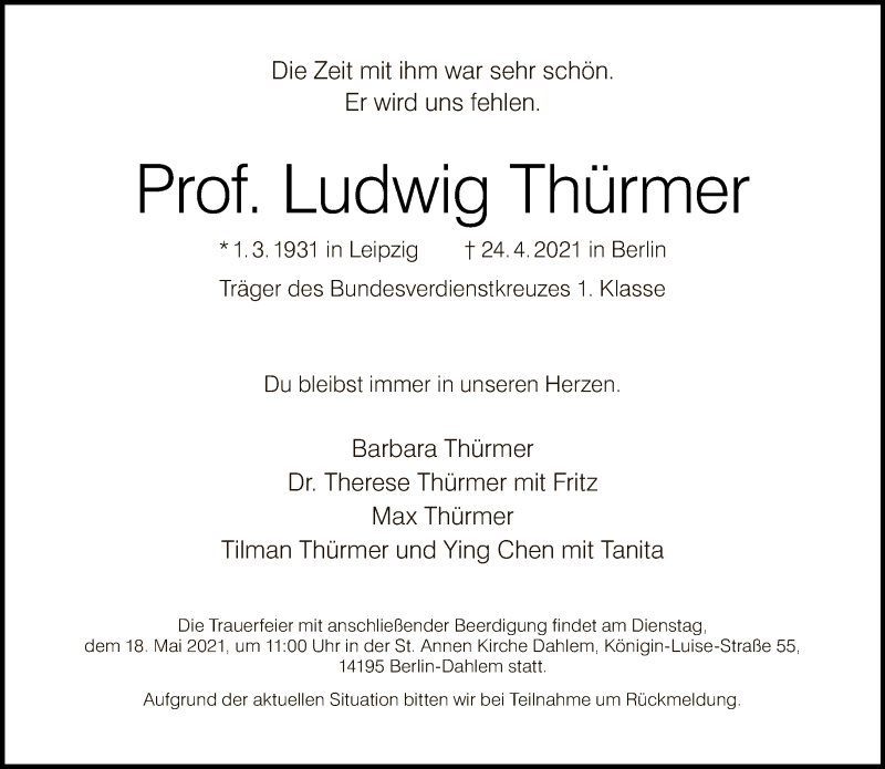  Traueranzeige für Ludwig Thürmer vom 02.05.2021 aus Tagesspiegel