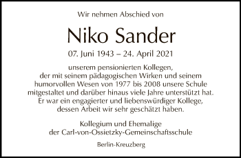 Traueranzeige von Nikolaus Sander von Tagesspiegel