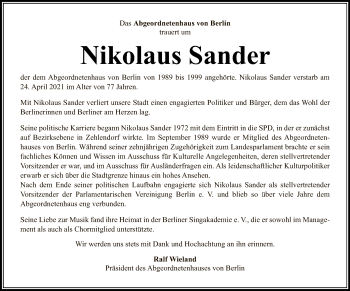 Traueranzeige von Nikolaus Sander von Tagesspiegel