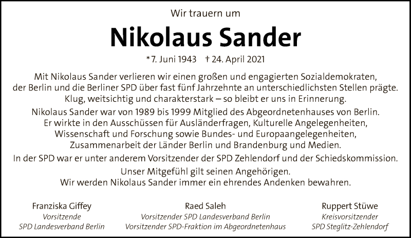  Traueranzeige für Nikolaus Sander vom 09.05.2021 aus Tagesspiegel