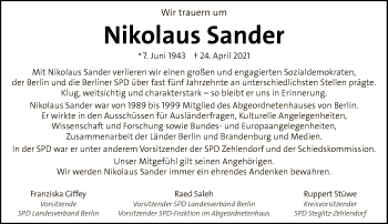 Traueranzeige von Nikolaus Sander von Tagesspiegel