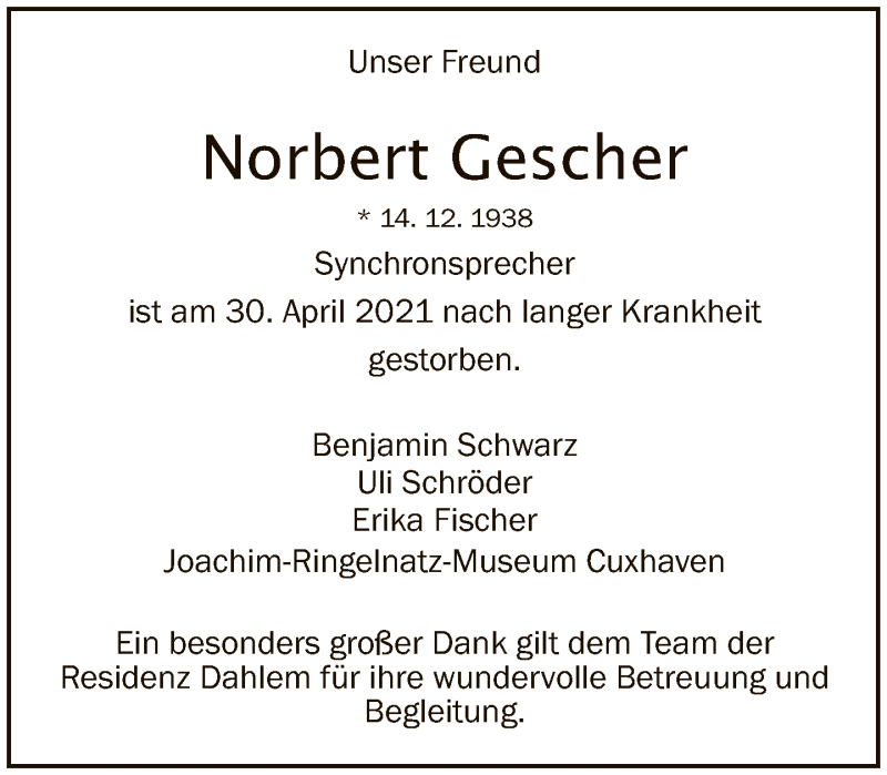  Traueranzeige für Norbert Gescher vom 09.05.2021 aus Tagesspiegel