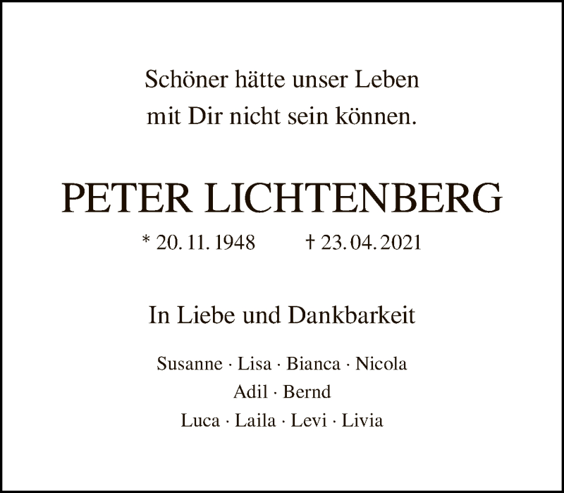  Traueranzeige für Peter Lichtenberg vom 02.05.2021 aus Tagesspiegel
