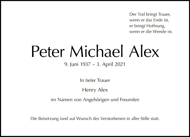  Traueranzeige für Peter Michael Alex vom 02.05.2021 aus Tagesspiegel