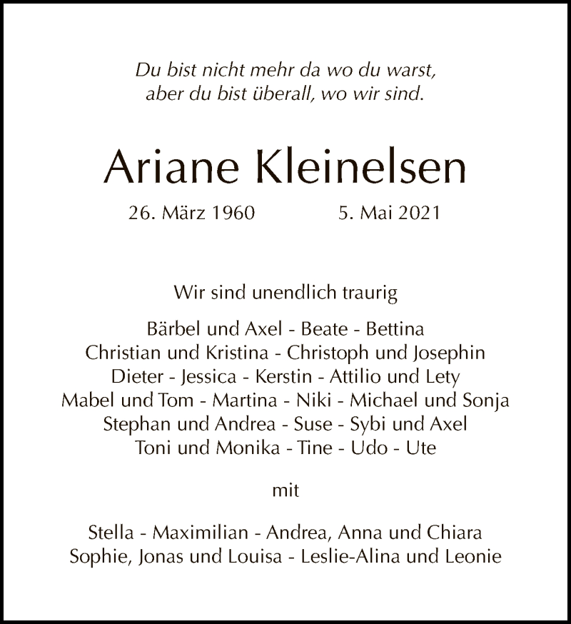  Traueranzeige für Ariane Kleinelsen vom 16.05.2021 aus Tagesspiegel