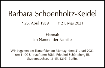 Traueranzeige von Barbara Schoenholtz-Keidel von Tagesspiegel