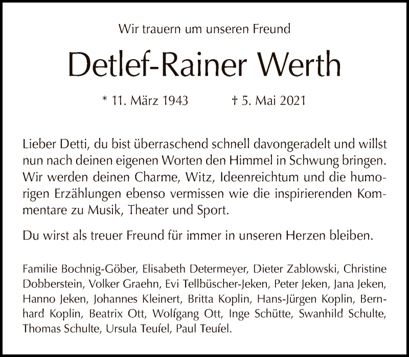  Traueranzeige für Detlef-Rainer Werth vom 16.05.2021 aus Tagesspiegel