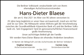 Traueranzeige von Hans-Dieter Blaese von Tagesspiegel