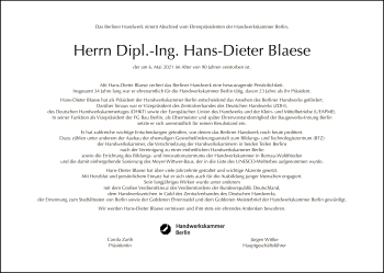 Traueranzeige von Hans-Dieter Blaese von Tagesspiegel