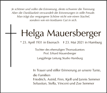 Traueranzeige von Helga Mauersberger von Tagesspiegel