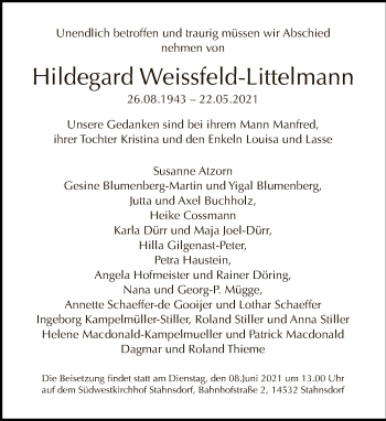 Traueranzeige von Hildegard Weissfeld-Littelmann von Tagesspiegel