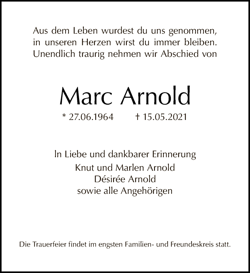  Traueranzeige für Marc Arnold vom 23.05.2021 aus Tagesspiegel