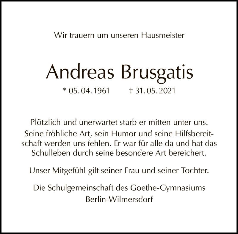 Traueranzeige für Andreas Brusgatis vom 13.06.2021 aus Tagesspiegel