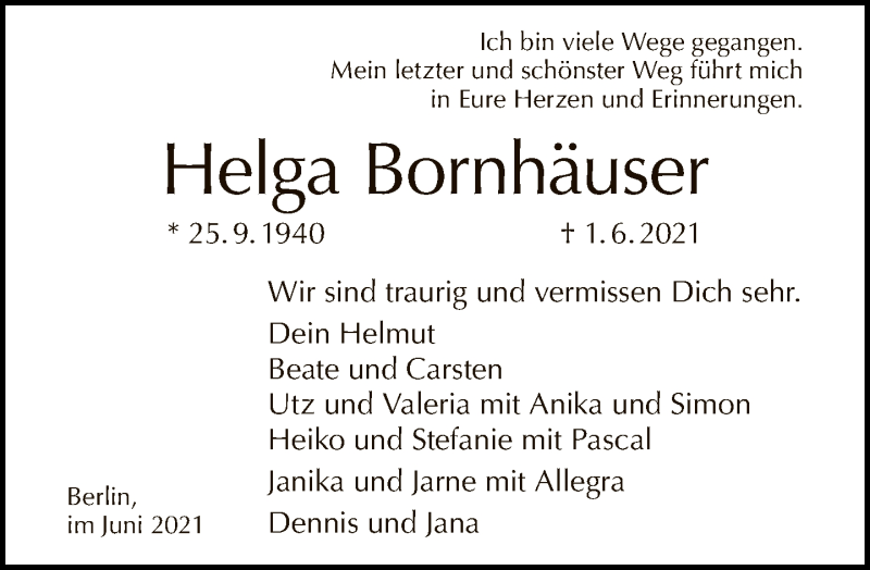  Traueranzeige für Helga Bornhäuser vom 13.06.2021 aus Tagesspiegel