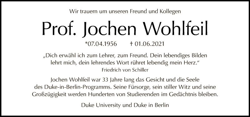  Traueranzeige für Jochen Wohlfeil vom 20.06.2021 aus Tagesspiegel