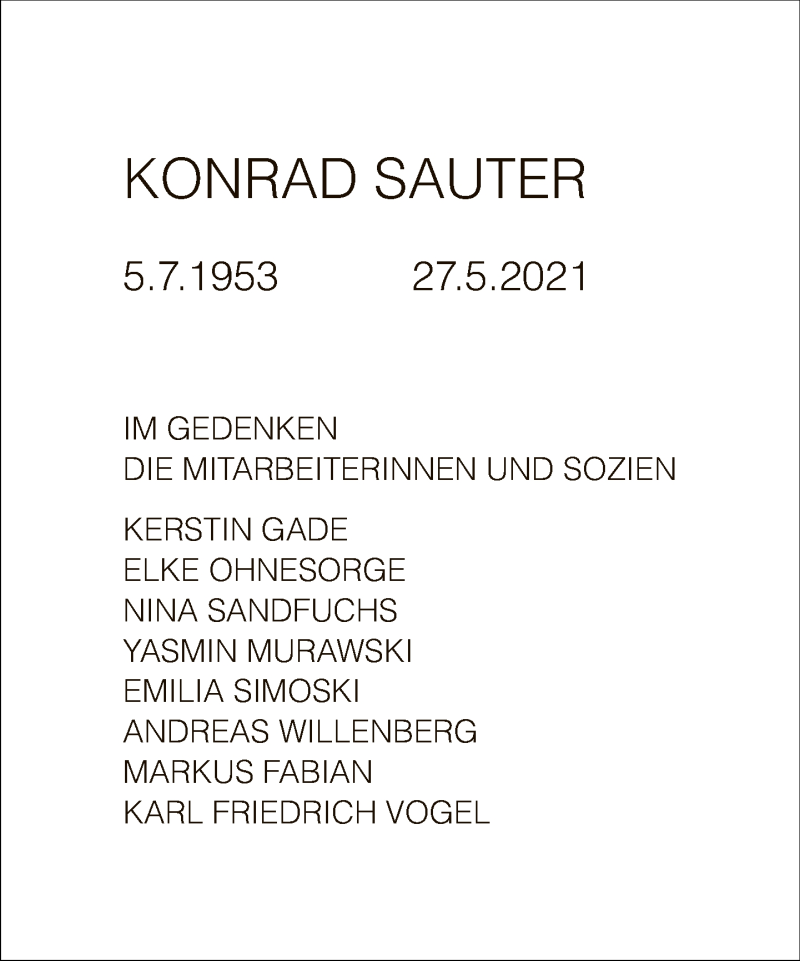  Traueranzeige für Konrad Sauter vom 06.06.2021 aus Tagesspiegel