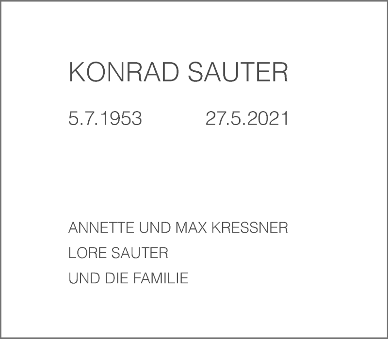  Traueranzeige für Konrad Sauter vom 06.06.2021 aus Tagesspiegel