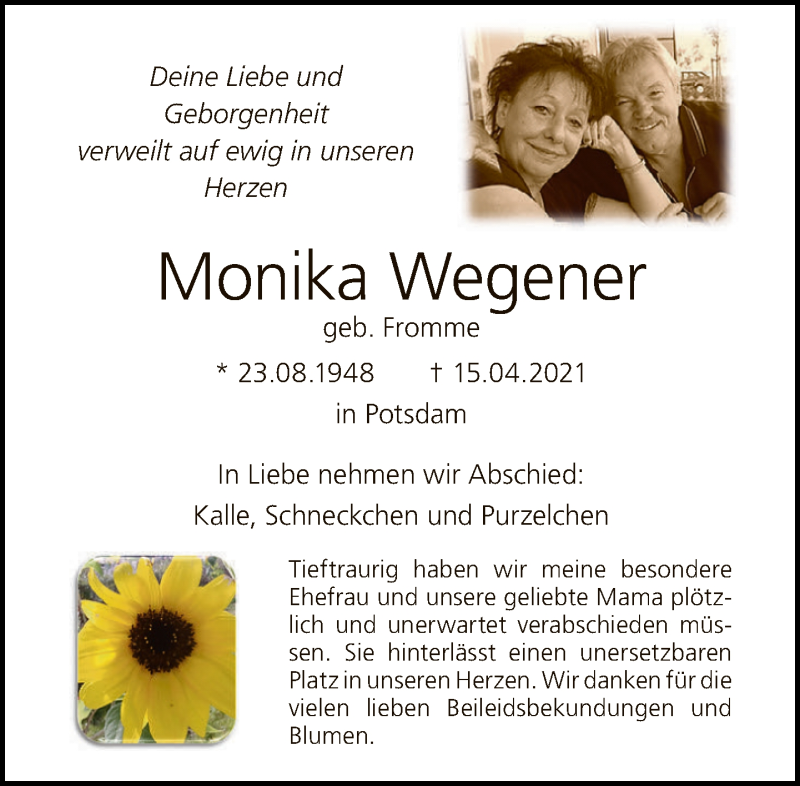  Traueranzeige für Monika Wegener vom 05.06.2021 aus Tagesspiegel