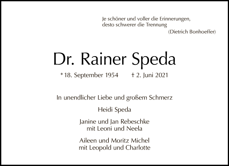  Traueranzeige für Rainer Speda vom 13.06.2021 aus Tagesspiegel