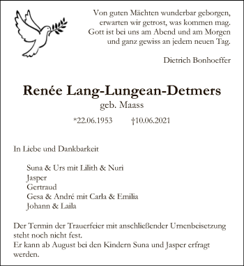 Traueranzeige von Renée Lang-Lungean-Detmers von Tagesspiegel