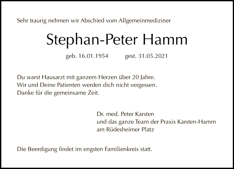  Traueranzeige für Stephan-Peter Hamm vom 13.06.2021 aus Tagesspiegel