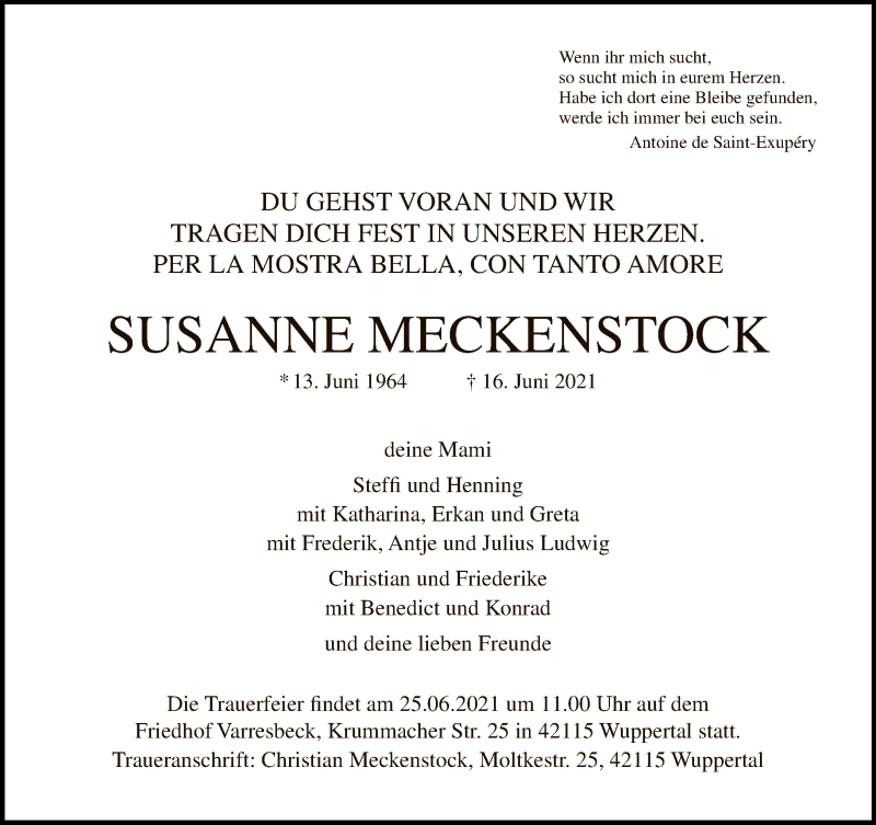  Traueranzeige für Susanne Meckenstock vom 20.06.2021 aus Tagesspiegel
