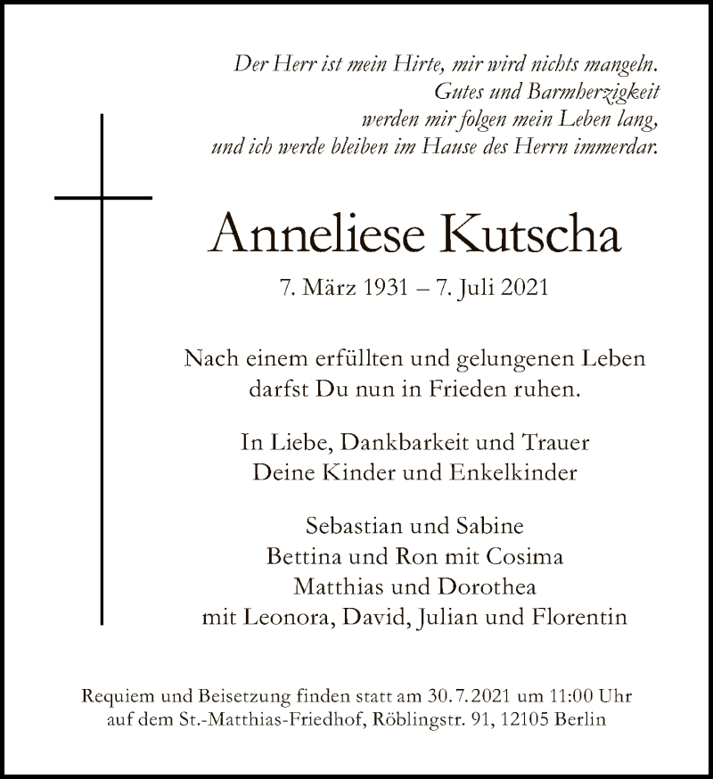  Traueranzeige für Anneliese Kutscha vom 18.07.2021 aus Tagesspiegel