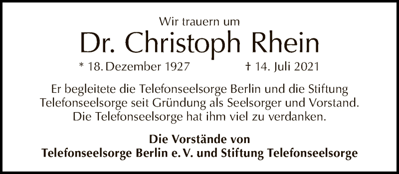  Traueranzeige für Christoph Rhein vom 25.07.2021 aus Tagesspiegel