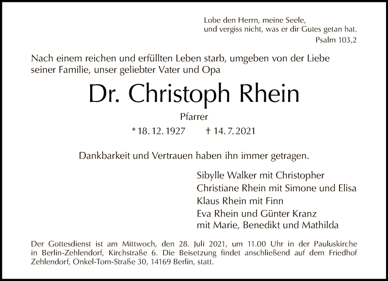  Traueranzeige für Christoph Rhein vom 18.07.2021 aus Tagesspiegel