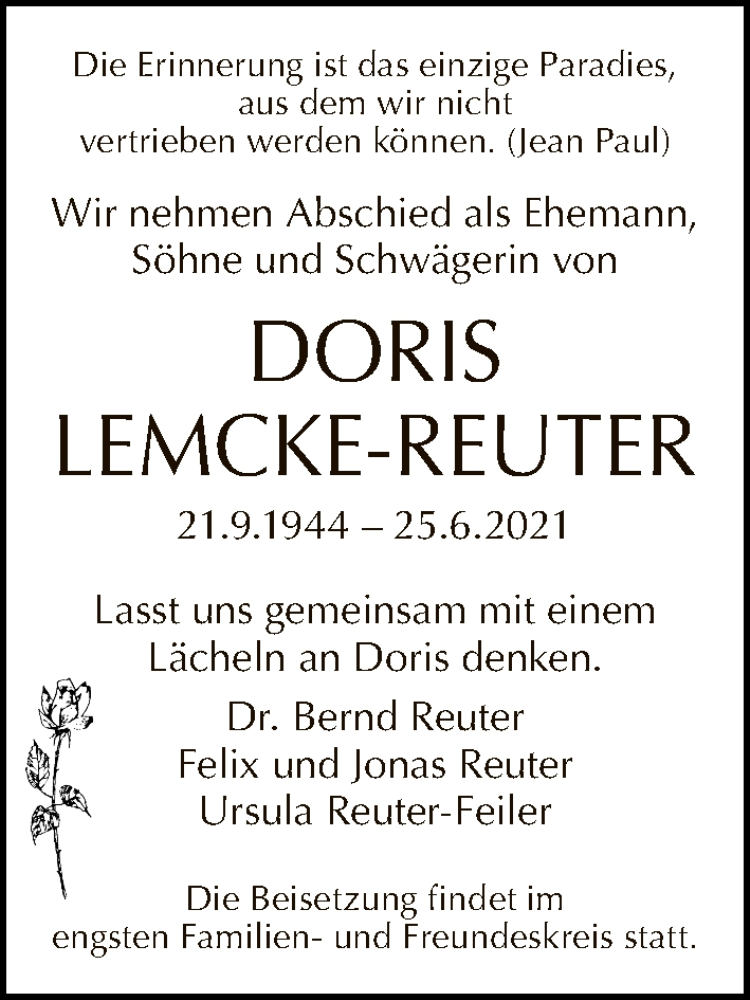  Traueranzeige für Doris Lemcke-Reuter vom 04.07.2021 aus Tagesspiegel