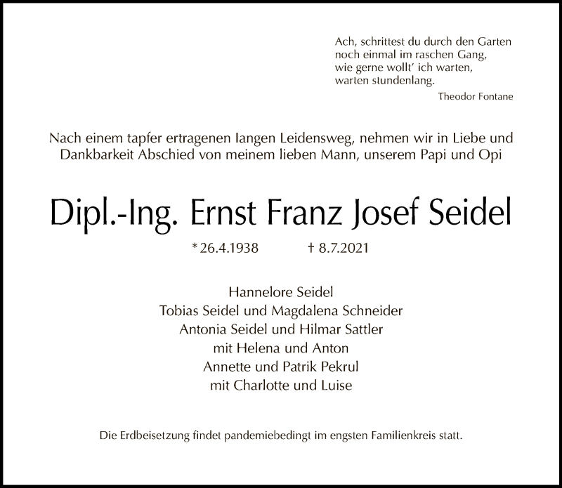  Traueranzeige für Ernst Franz Josef Seidel vom 18.07.2021 aus Tagesspiegel