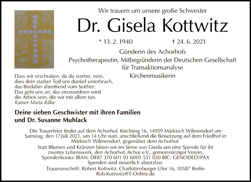  Traueranzeige für Gisela Kottwitz vom 11.07.2021 aus Tagesspiegel