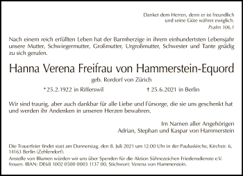 Traueranzeige von Hanna Verena Freifrau von Hammerstein-Equord von Tagesspiegel