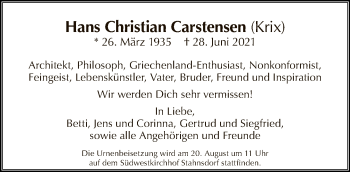 Traueranzeige von Hans Christian Carstensen von Tagesspiegel