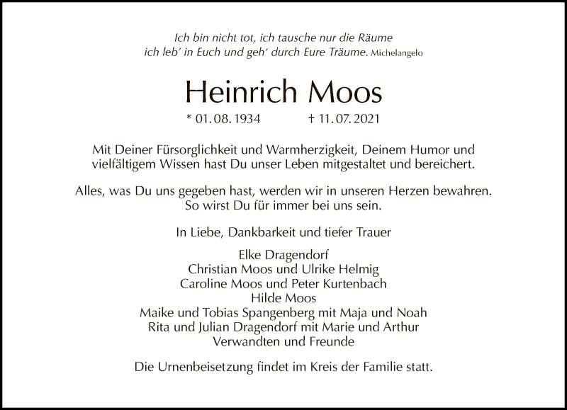  Traueranzeige für Heinrich Moos vom 25.07.2021 aus Tagesspiegel
