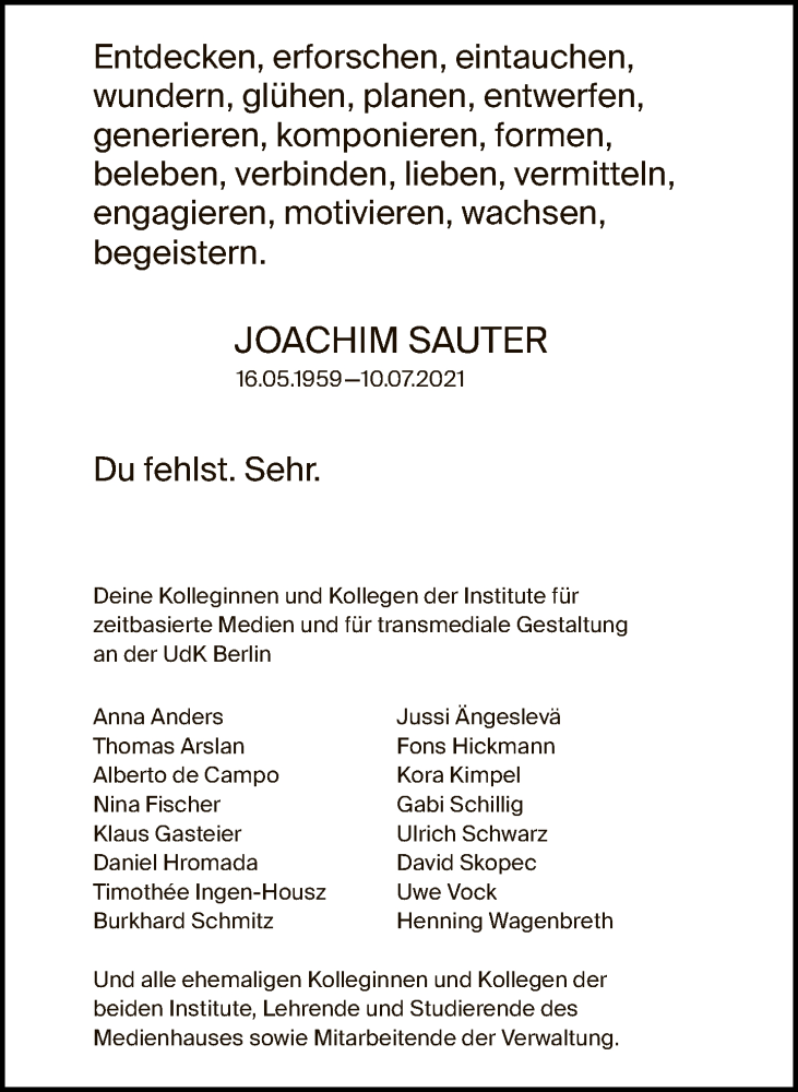  Traueranzeige für Joachim Sauter vom 01.08.2021 aus Tagesspiegel