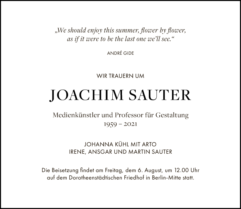  Traueranzeige für Joachim Sauter vom 01.08.2021 aus Tagesspiegel