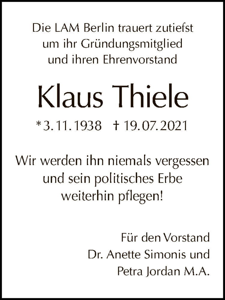  Traueranzeige für Klaus Thiele vom 01.08.2021 aus Tagesspiegel