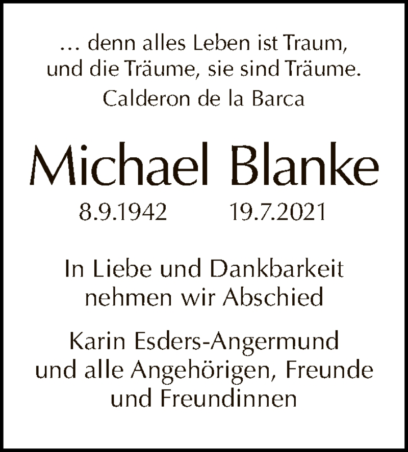  Traueranzeige für Michael Blanke vom 01.08.2021 aus Tagesspiegel