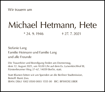 Traueranzeige von Michael Hetmann von Tagesspiegel