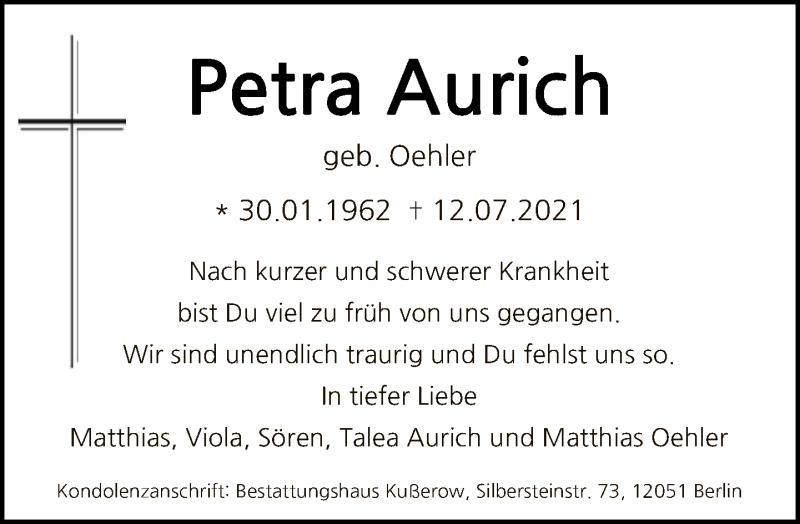  Traueranzeige für Petra Aurich vom 18.07.2021 aus Tagesspiegel