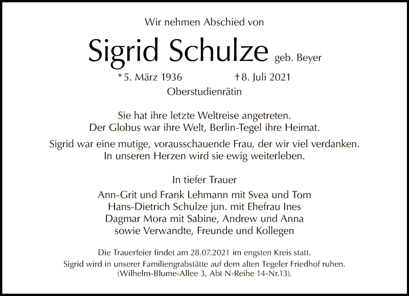  Traueranzeige für Sigrid Schulze vom 18.07.2021 aus Tagesspiegel