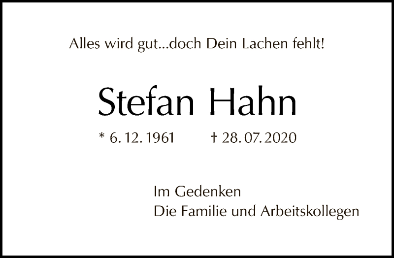  Traueranzeige für Stefan Hahn vom 01.08.2021 aus Tagesspiegel