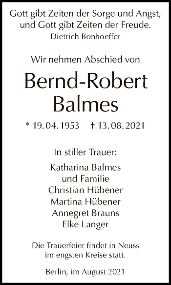 Traueranzeige von Bernd-Robert Balmes von Tagesspiegel