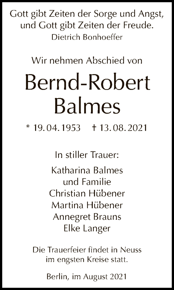  Traueranzeige für Bernd-Robert Balmes vom 22.08.2021 aus Tagesspiegel