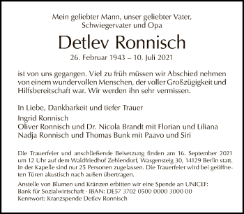 Traueranzeige von Detlev Ronnisch von Tagesspiegel