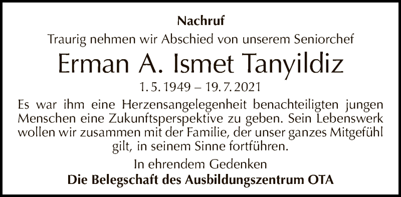  Traueranzeige für Erman A. Ismet Tanyildiz vom 15.08.2021 aus Tagesspiegel